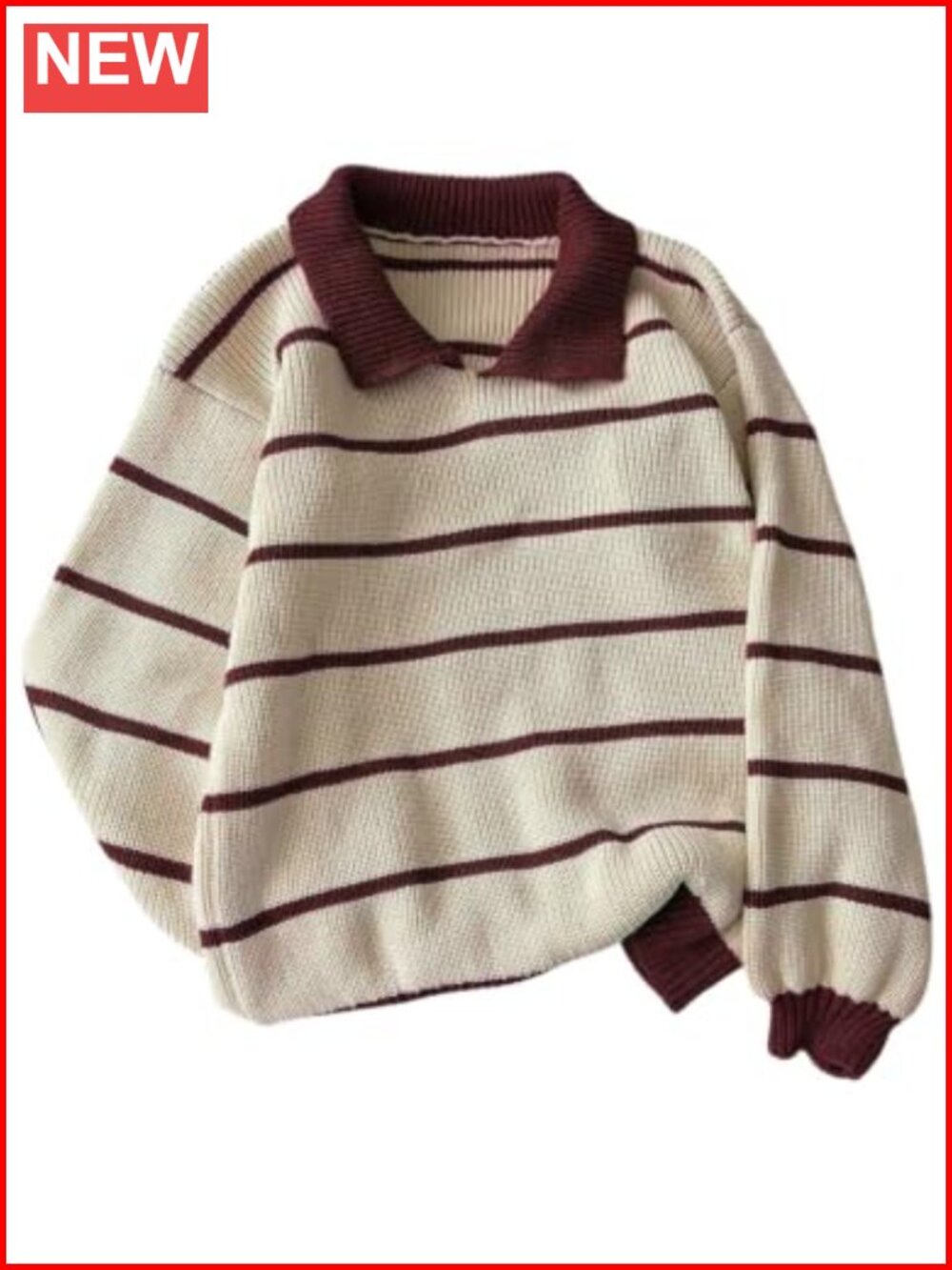 Oversized Striped Collared Chunky Knit Rugby Sweater Pullover